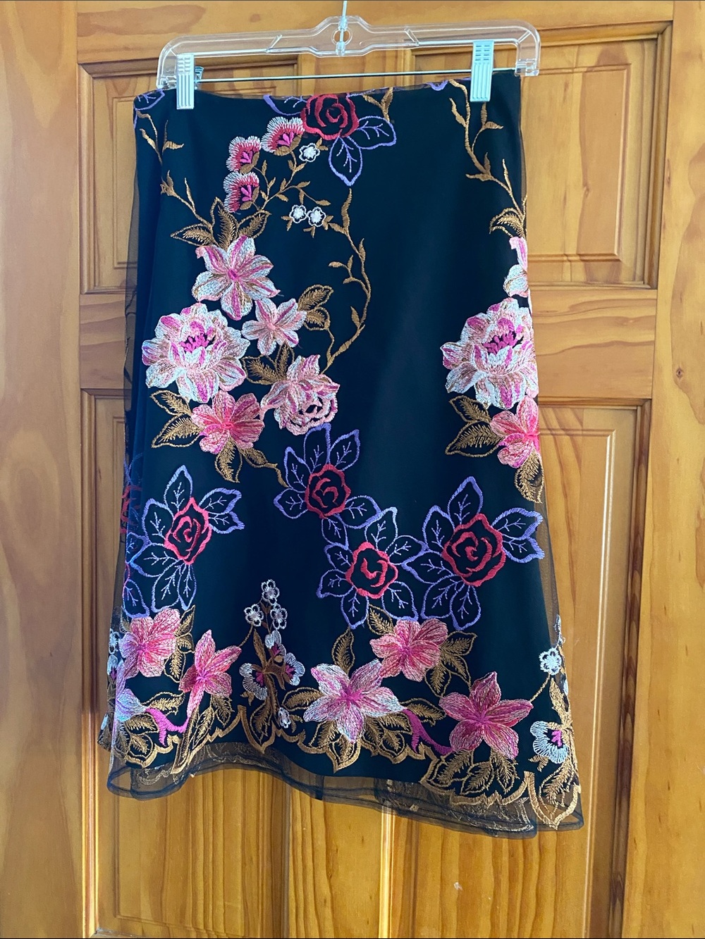 Beige by eci Black A-Line Skirt with Pink Floral Embroidery